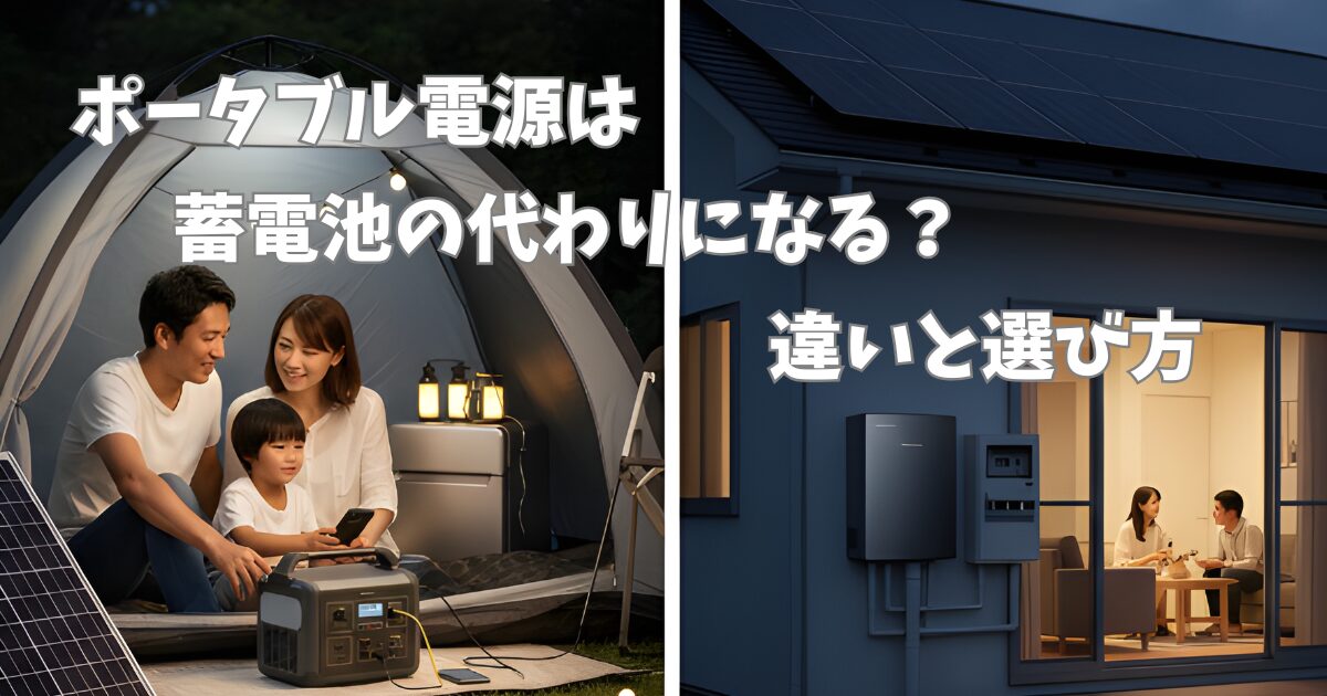 アウトドアでポータブル電源を、家庭で蓄電池システムを使用しちる画像