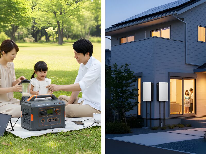 アウトドアでポータブル電源を、家庭で蓄電池システムを使用しちる画像
