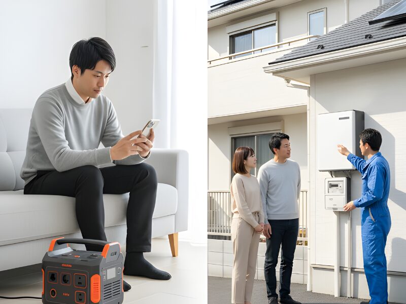 ポータブル電源の価格を調べている男性と家庭用蓄電池の見積もりを聞いている夫婦