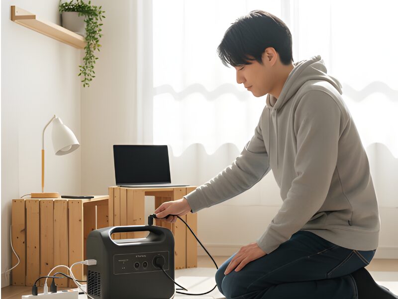 賃貸のシンプルな部屋で工事ではなくコンセントを使ってポータブル電源をつかっている男性
