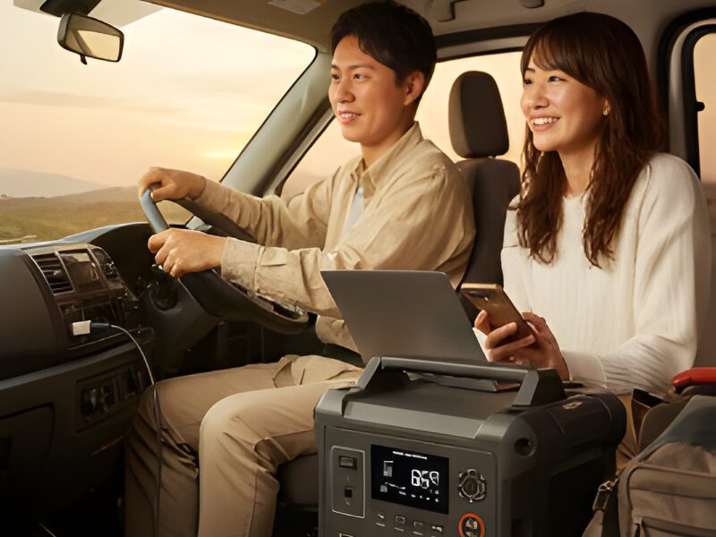 車内でシガーソケットでポータブル電源を充電している画像