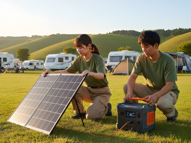 ソーラーパネルでポータブル電源を充電している画像