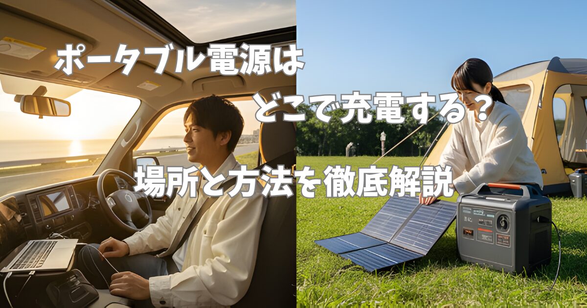 シガーソケットとソーラーパネルでポータブル電源を充電している画像