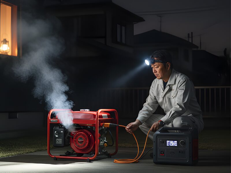 ガソリン式発電機でポータブル電源に充電をしている画像