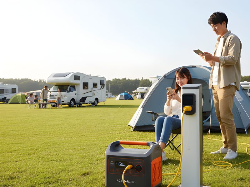 RVパークでポータブル電源を充電している画像