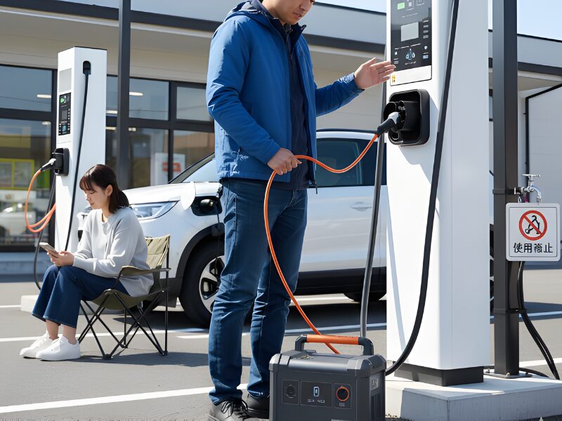 EVステーションでポータブル電源に充電をしようとしている画像