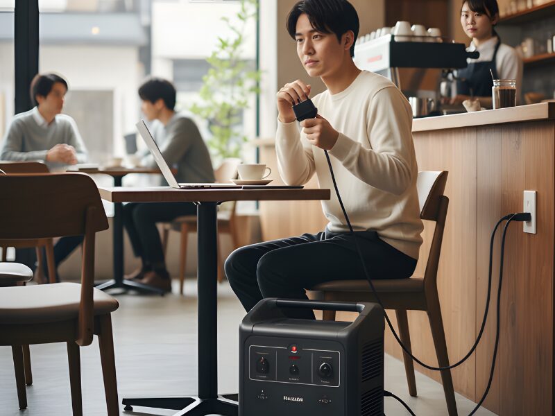 カフェでこっそりポータブル電源に充電をしている画像
