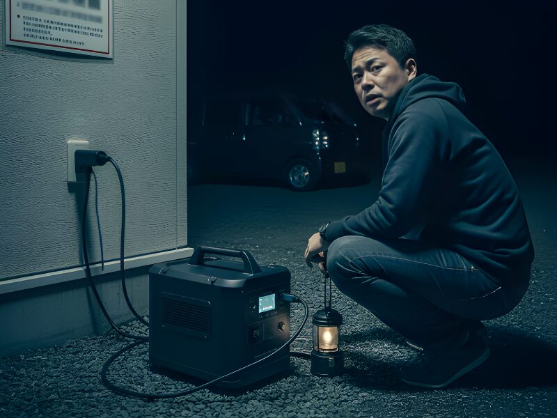 他人の庭のコンセントからポータブル電源に充電をしている画像