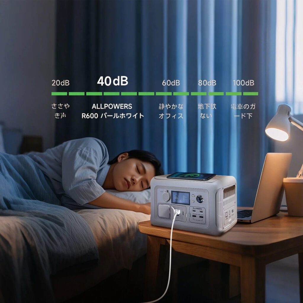 ALLPOWERS R600を枕元に置いて眠る男性