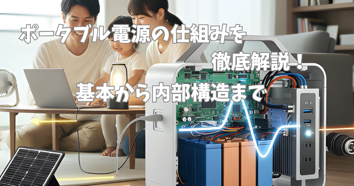 家族でポータブル電源を使っている画像。内部構造まで見えるように表現