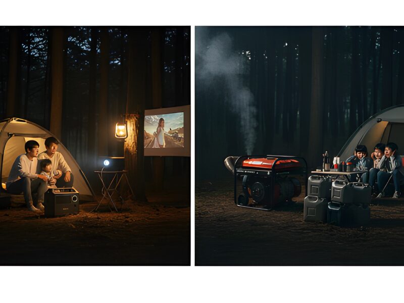 ポータブル電源と発電機をアウトドアで使っている画像