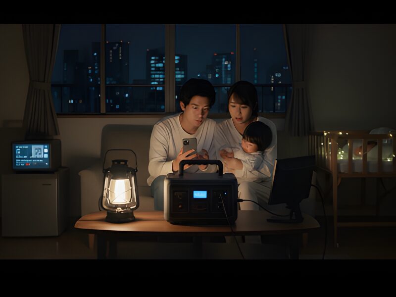 停電になった家庭でポータブル電源を使用している画像