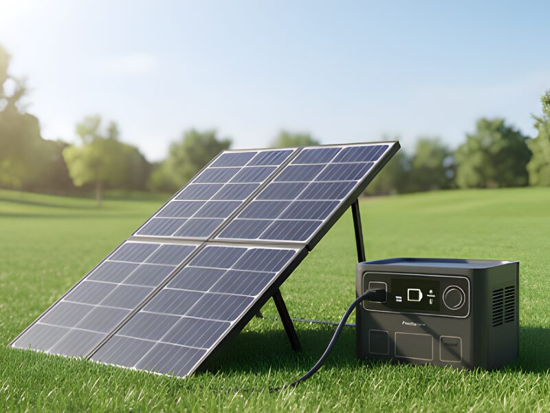 ソーラーパネルでポータブル電源に充電している画像