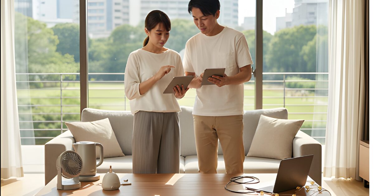 自宅で家電製品を並べてポータブル電源の購入を検討しているカップル