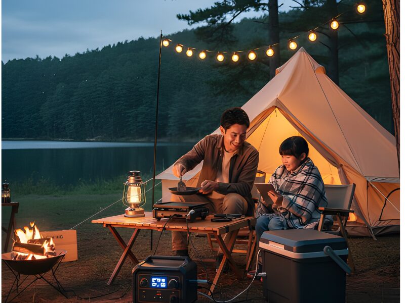 キャンプ場でポータブル電源を使っている親子