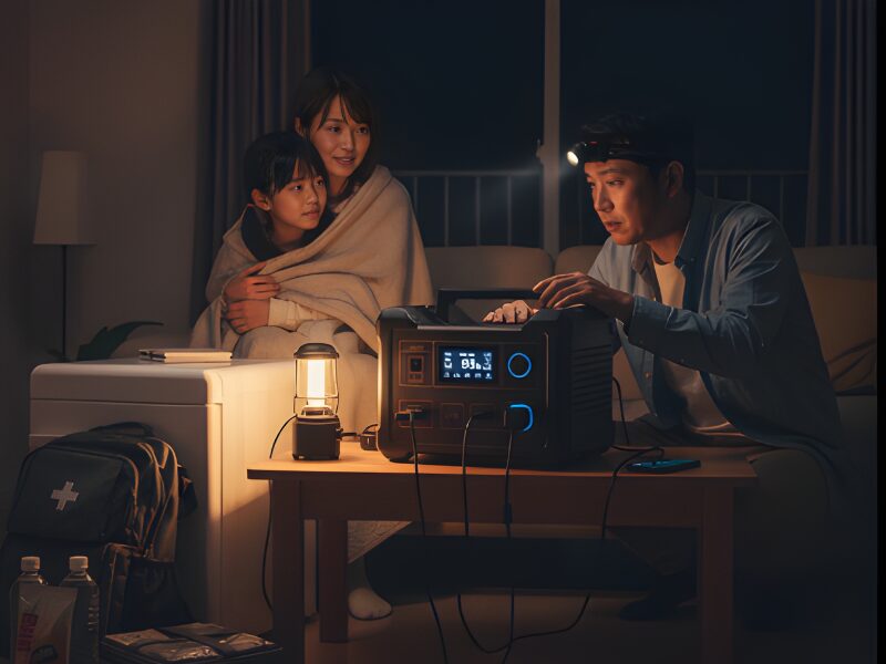 停電になっている家庭でポータブル電源を使用している画像