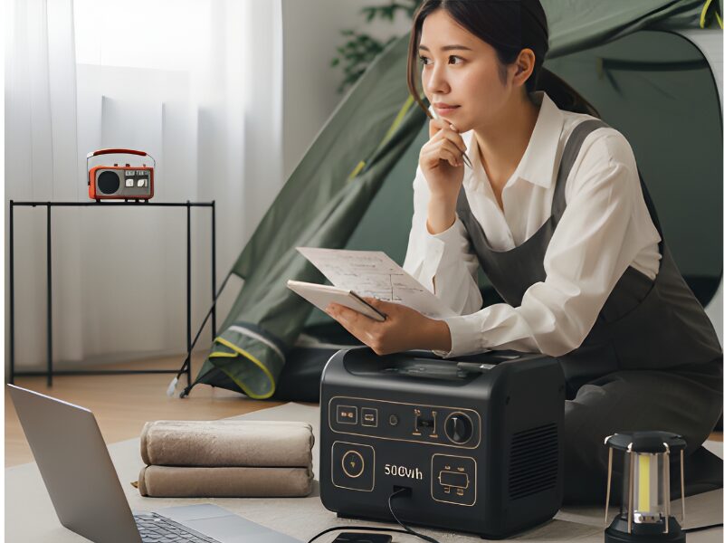 キャンプや災害時に役立つポータブル電源を前に、容量について思案している様子の日本人女性。