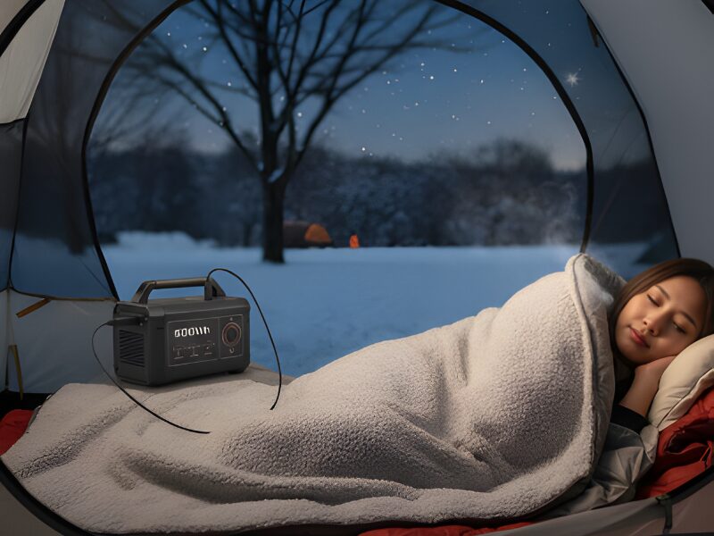ポータブル電源から給電された電気毛布が敷かれたテント内で、快適そうに眠る日本人女性。