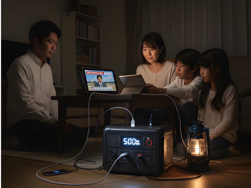 停電した家の中で、ポータブル電源を使ってスマートフォンを充電し、情報収集する日本人家族。