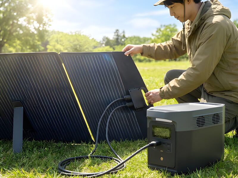 ソーラーパネルとポータブル電源を接続して充電している男性