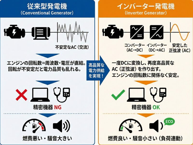 インバーター発電機と従来型の発電機の違いを図解