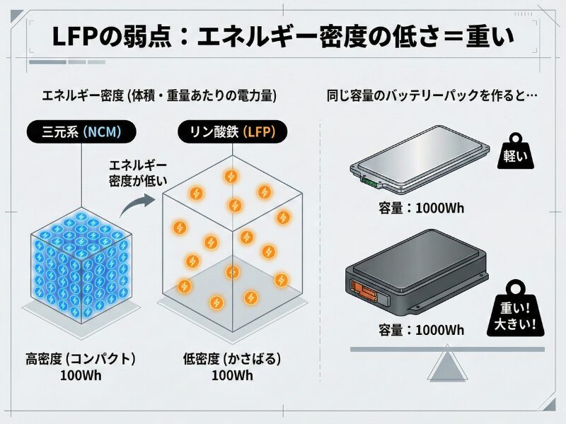 エネルギー密度の低さ：重い