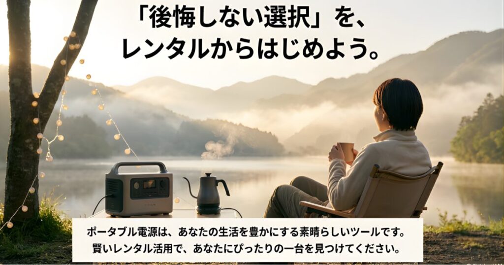 レンタルしたポータブル電源でアウトドアを楽しんでいる男性