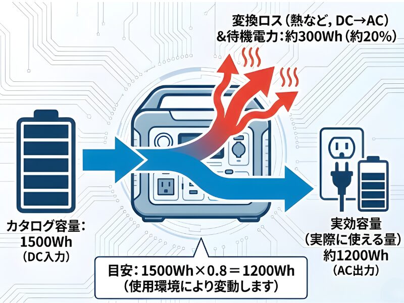 1500Whの実効容量と変換ロスの目安