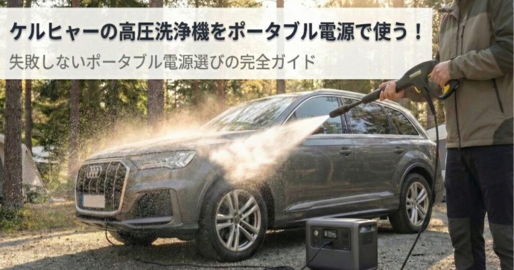 ケルヒャーの高圧洗浄機をポータブル電源に繋いで洗車をしている画像