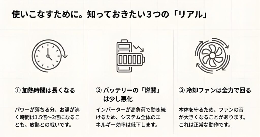 電力リフト機能使用時のデメリット(加熱時間の延長・バッテリー燃費の悪化・冷却ファンの動作音)