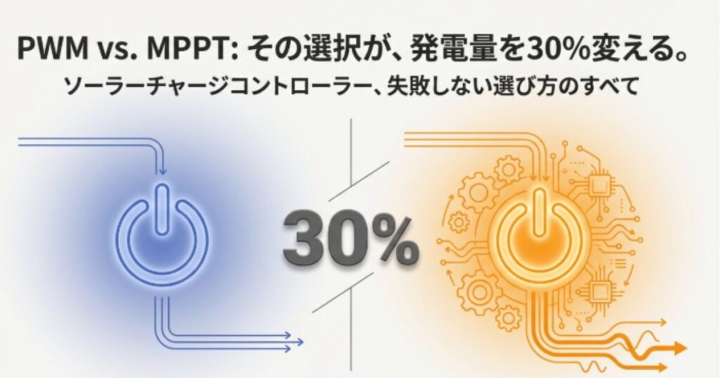 PWM制御とMPPT制御のイメージ比較。MPPTを選択することで発電量が30%変わる可能性を示唆するタイトルスライド。