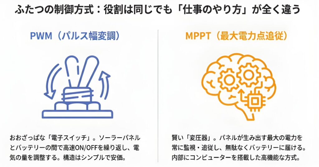 PWMは単純な「電子スイッチ」でオンオフを繰り返し、MPPTは頭脳を持った「変圧器」として電力を最適化する仕組みの違いを表したイラスト。