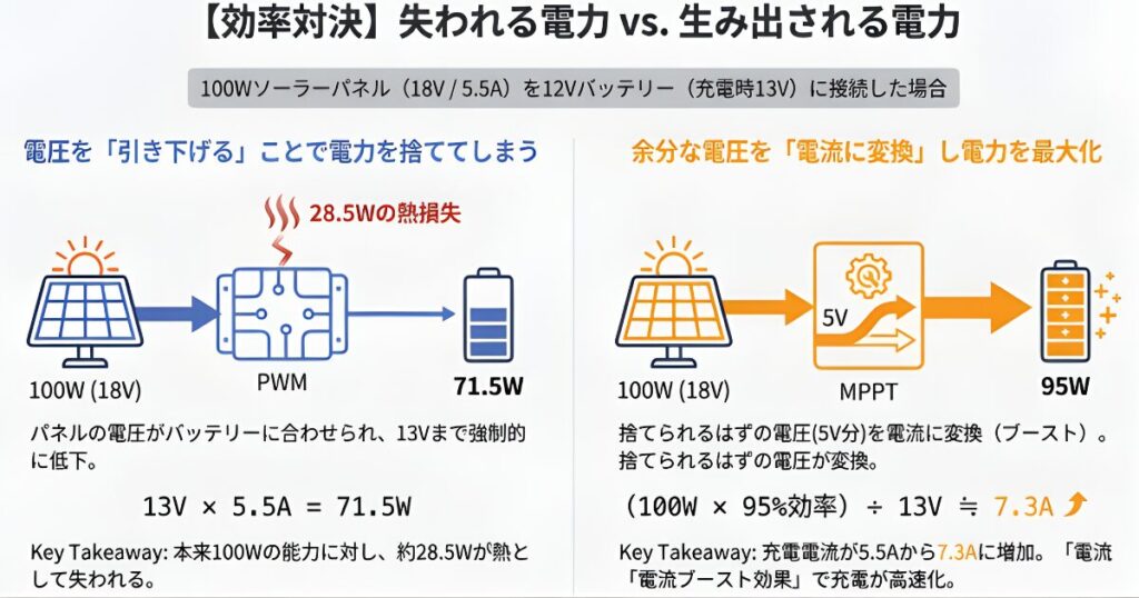 100Wパネル接続時の効率比較図。PWMは電圧降下により約28.5Wの熱損失が発生するのに対し、MPPTは余剰電圧を電流に変換して95Wを出力している図解。