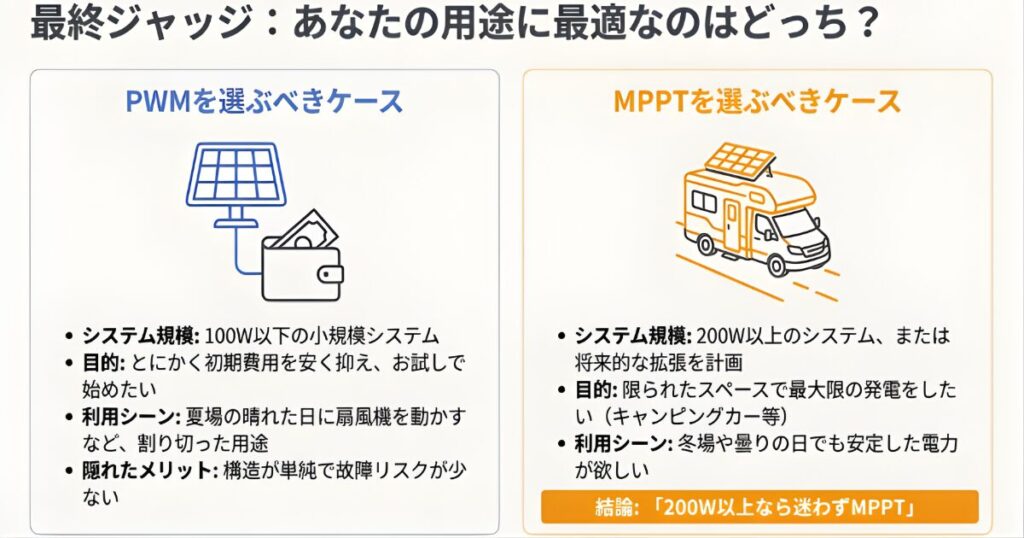 100W以下の小規模やお試し用途ならPWM、キャンピングカーや200W以上のシステムならMPPTという、用途別の最終ジャッジ基準をまとめたリスト。