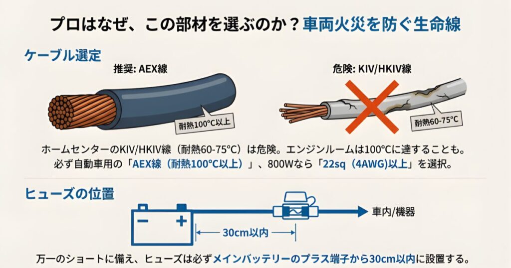 エンジンルームに適した耐熱100度以上のAEX線と危険なKIV線の比較、およびヒューズをバッテリーから30cm以内に設置する図解