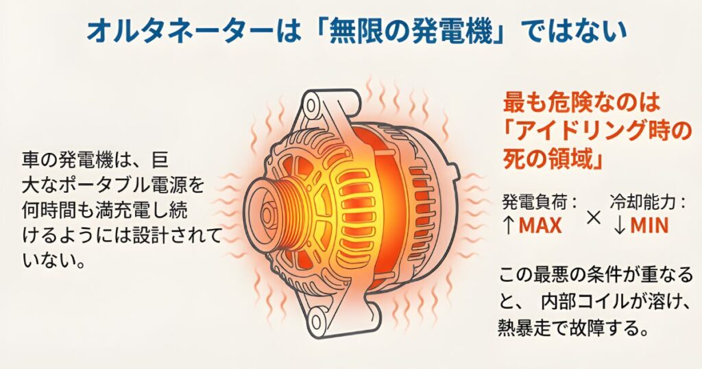 アイドリング時の冷却不足により赤熱化し熱暴走を起こすオルタネーターのイラスト