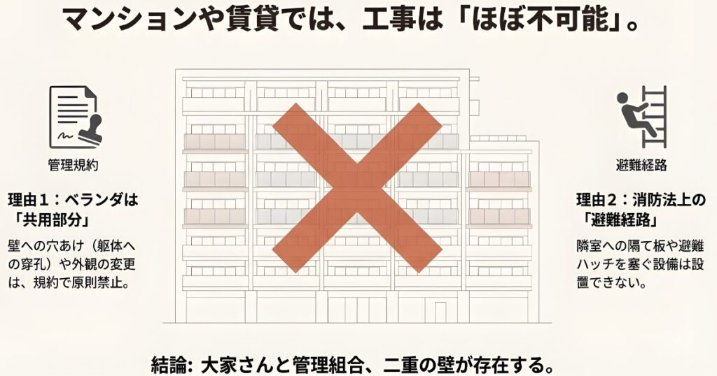 共用部分の管理規約と消防法上の避難経路確保による工事禁止の解説