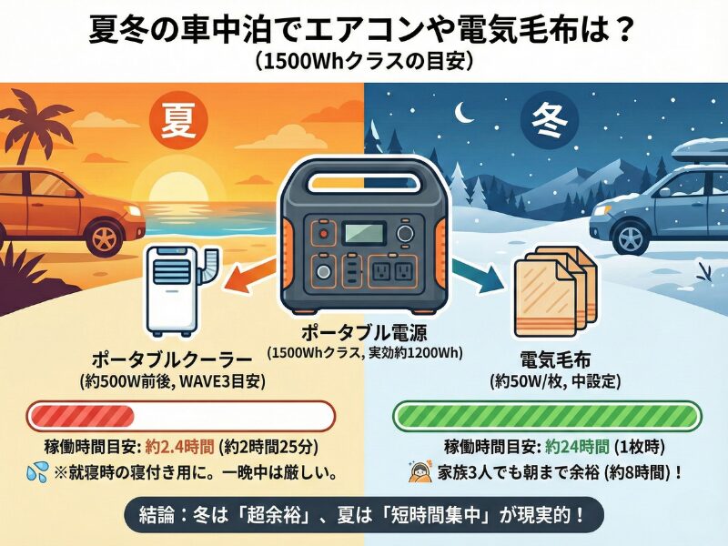 夏冬の車中泊でエアコンや電気毛布は
