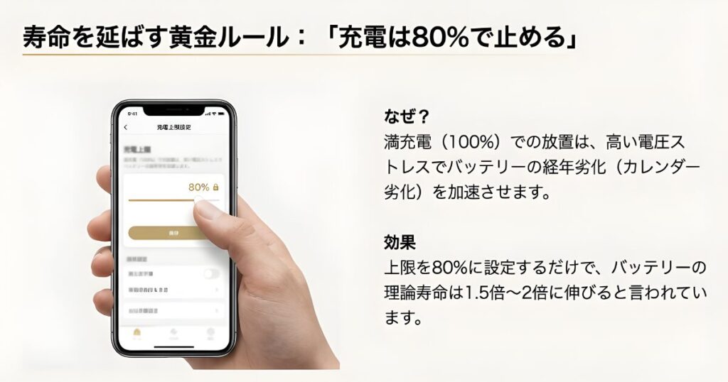 バッテリー寿命を延ばす充電上限設定：スマホアプリで80%に制限する黄金ルール