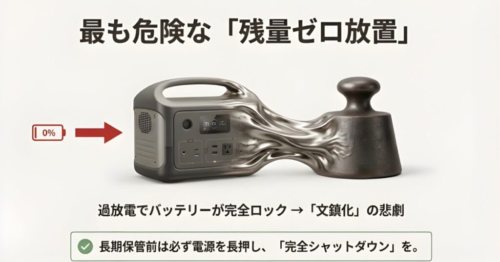 残量0%で放置され過放電によりロックがかかり、重石（文鎮）のようになってしまったポータブル電源のイメージ