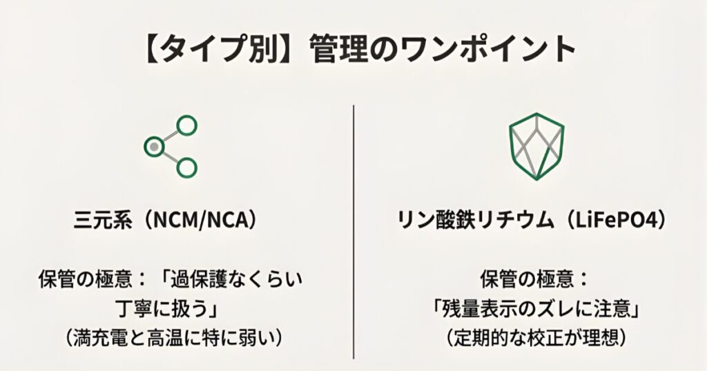 三元系リチウムとリン酸鉄リチウム、それぞれのバッテリータイプにおける保管管理の重要ポイントの分岐図