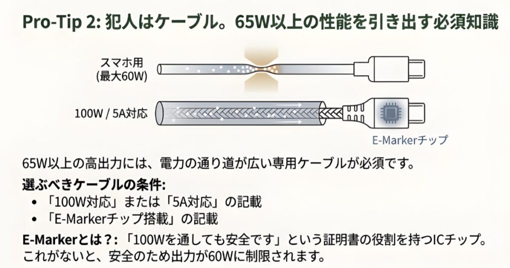 一般的なスマホ用ケーブルと、100W/5A対応ケーブルの違いを比較し、E-Markerチップの必要性を解説した断面図。