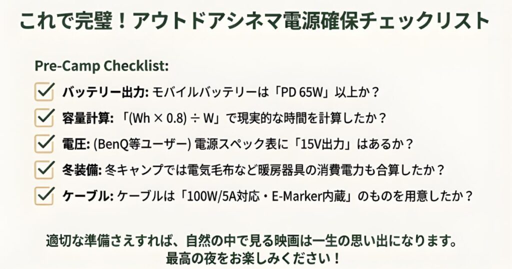 モバイルバッテリーの出力確認、容量計算、電圧確認、ケーブル規格、冬装備の考慮点などを一覧にした最終確認用チェックリスト。