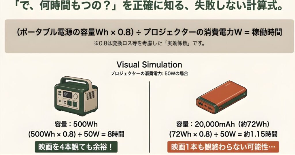 Wh容量に0.8を掛ける計算式と、500Wh電源と20,000mAhバッテリーでの稼働時間シミュレーション比較
