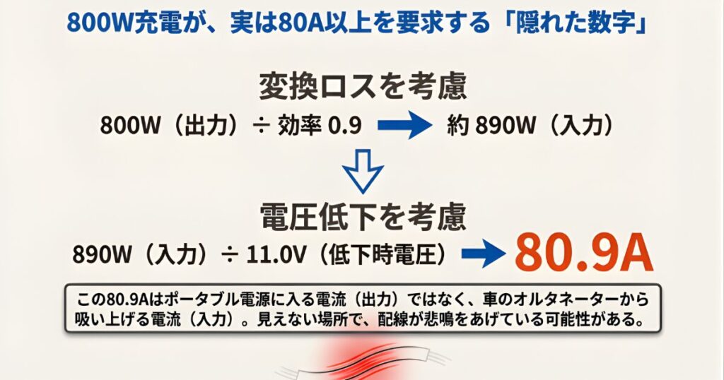 変換ロスと電圧低下を考慮すると、800W充電時にはオルタネーターから約80.9Aの電流が必要になる計算プロセス図