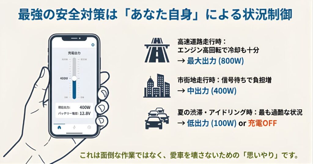 スマートフォンアプリを使用して、走行状況に合わせて充電出力を800Wから400Wなどに調整している画面