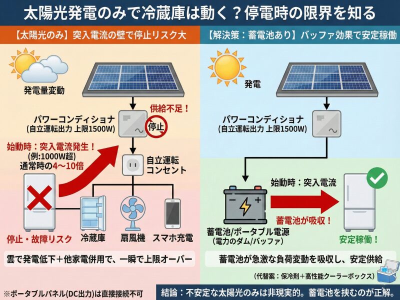太陽光発電のみとパワーコンディショナとバッテリーを使用して家電を動かしている画像