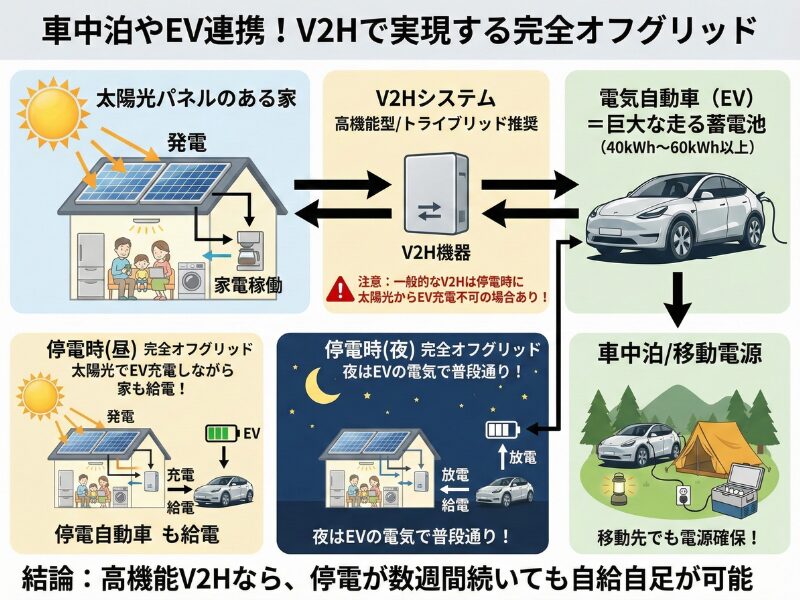 車中泊やEV連携！V2Hで実現する完全オフグリッド図解