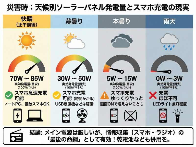 100Wのソーラーパネルで天候による充電度合いの図解