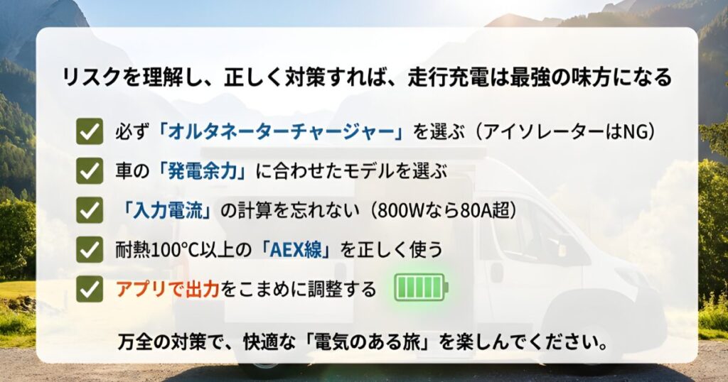 オルタネーターチャージャー導入時に確認すべき5つの安全対策ポイント(機器選定、余力計算、ケーブル規格など)のまとめ